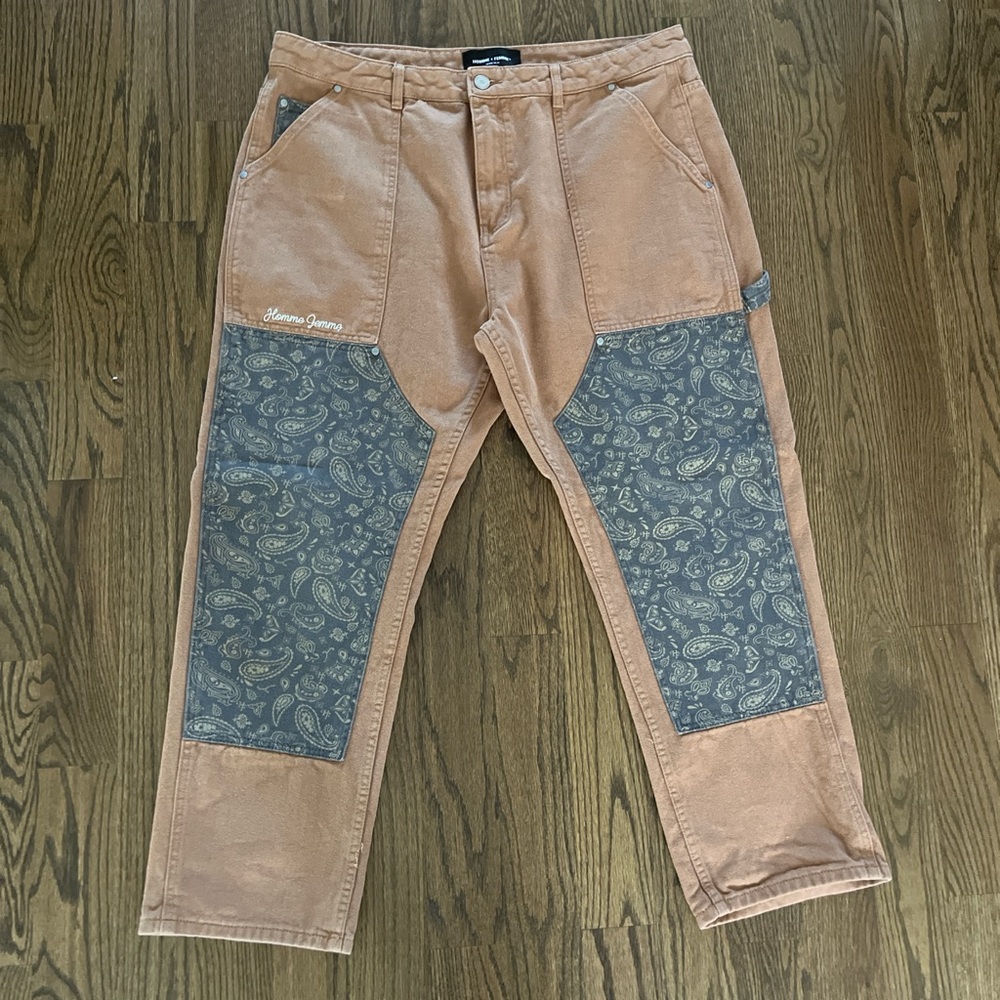 Homme Femme Tan Denim Grey Paisley Double Knee Pants